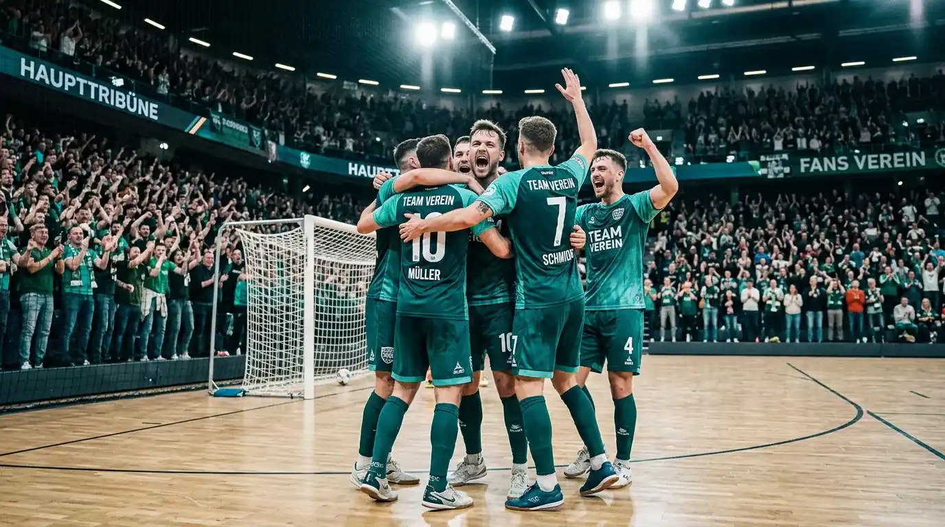 Futsal-Mannschaft feiert in einer ausverkauften Hallenarena vor der Anzeigetafel einen Treffer