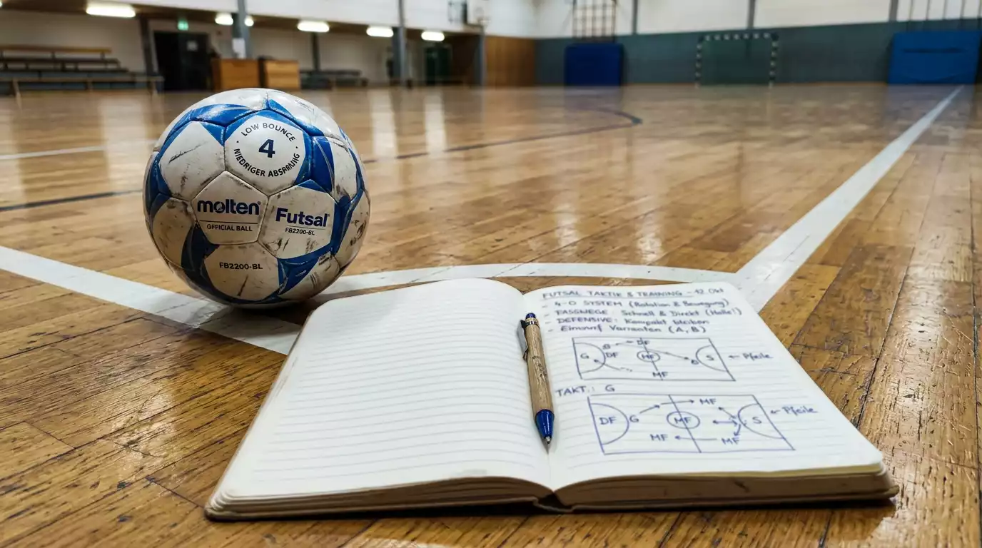 Notizblock mit Rollover-Berechnung neben einem Futsal-Wettschein als Symbol für das Durchspielen von Umsatzbedingungen