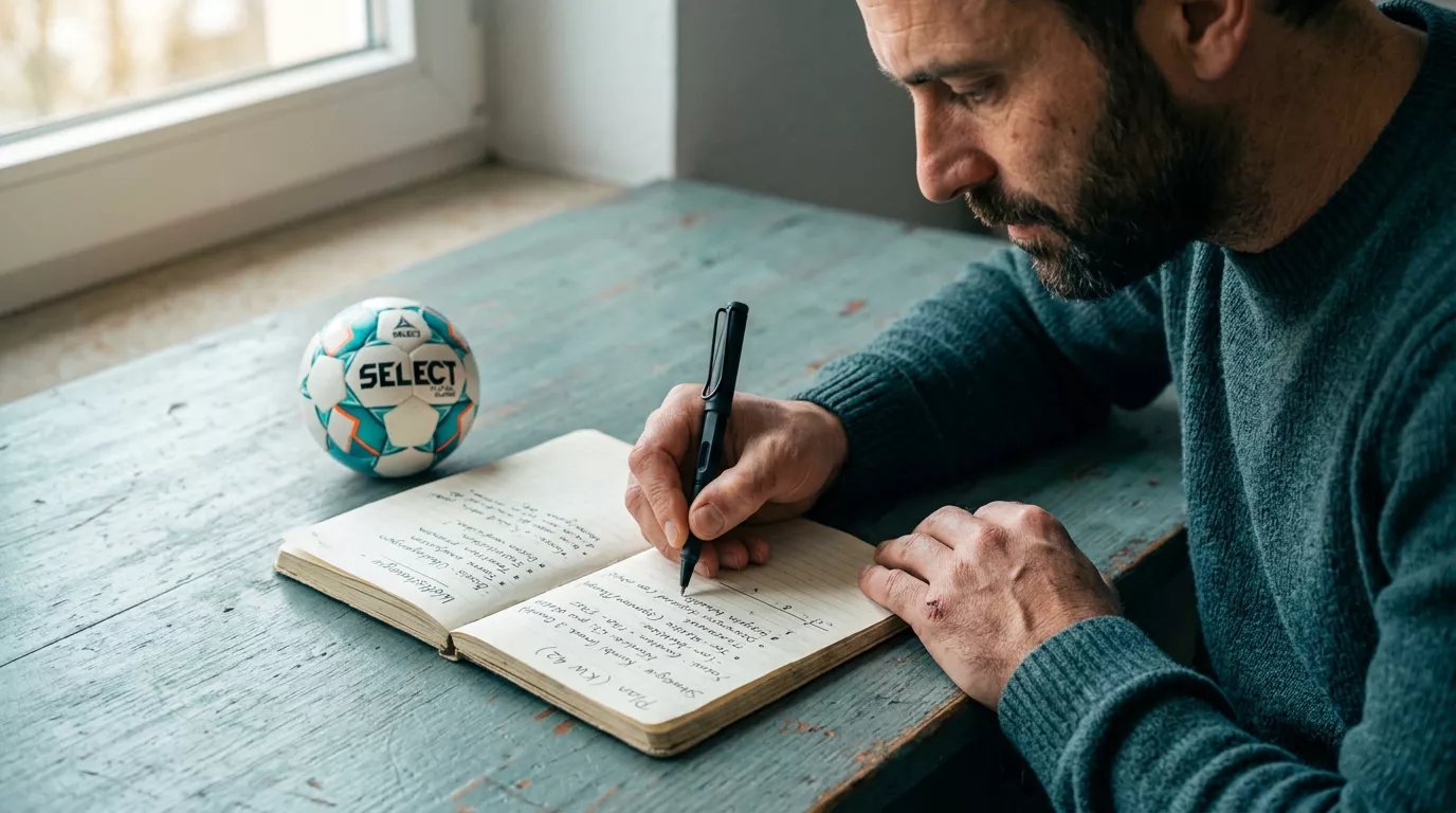 Person plant ihre Futsal-Wettstrategie und das Bankroll-Management mit Notizen in einem Notizbuch