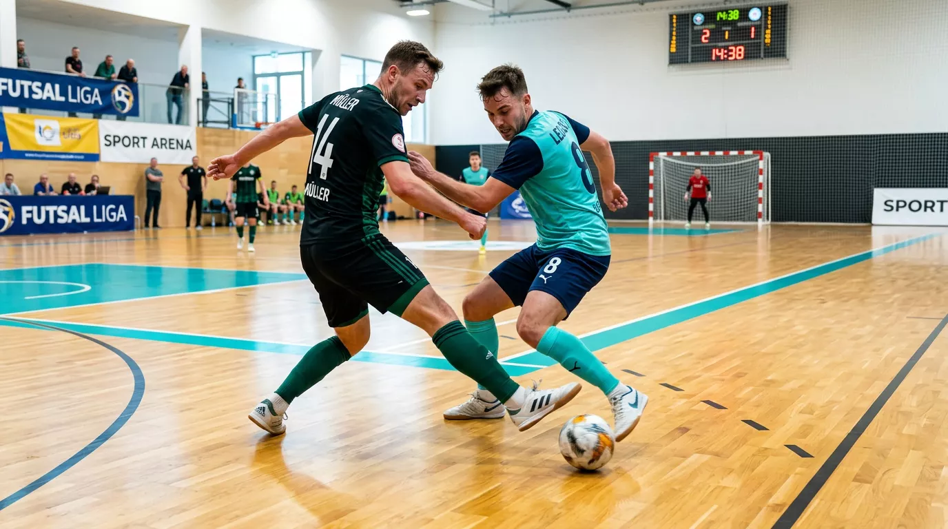 Futsal-Spielszene in der Halle auf Parkettboden mit dem typischen kleinen, sprungreduzierten Futsalball